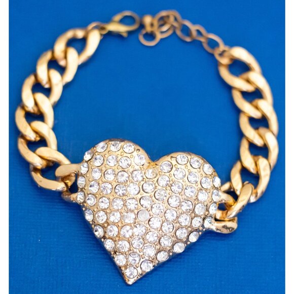 8 inch, Vintage Clear Rhinestones Gold Tone Curb Links Bracelet - D43 - Picture 2 of 3